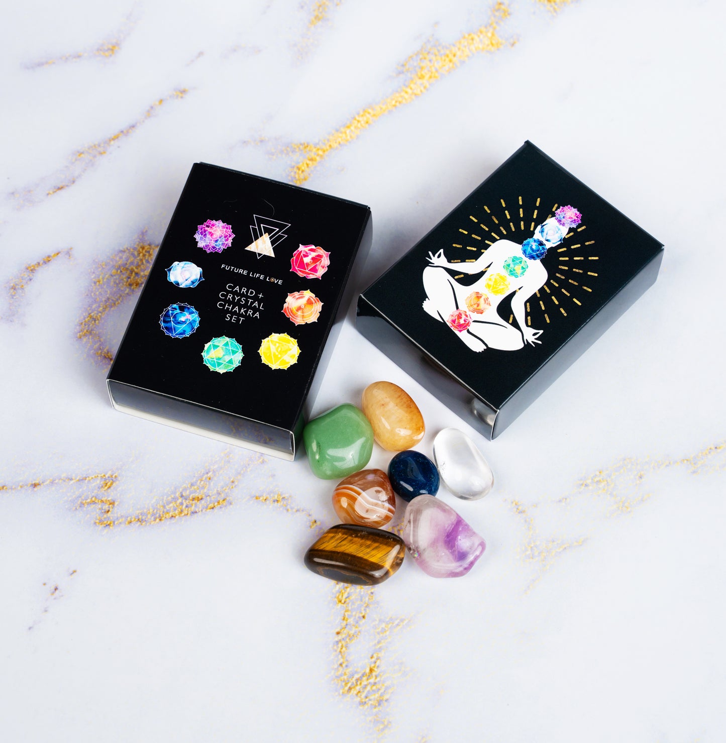 Chakra Card Set With 8 Cards and 7 Crystal Set With Black Box