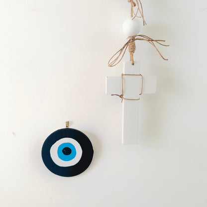 Achk dark blue evil eye wall decoration by Ani Ipradjian, Divine Guardian Number Two hand-painted ceramic artwork inspired by the protective symbolism of the nazar.
