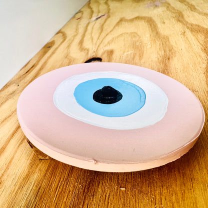 Achk hand-painted pink evil eye by Australian artist Ani Ipradjian, a ceramic wall ornament associated with protection for couples, families and friendships.