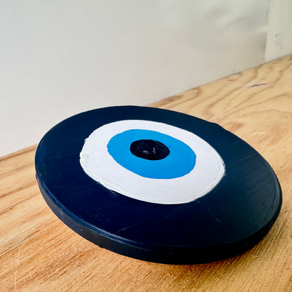 Divine Guardian Number Two dark blue evil eye amulet by Ani Ipradjian, an Achk ceramic wall hanging symbolising wisdom, spiritual armour and protection from envy.