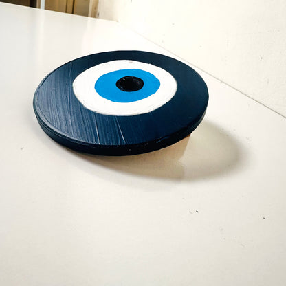 Hand-painted Achk dark blue evil eye wall hanging by Ani Ipradjian, Divine Guardian Number Two artwork symbolising protection against jealousy and curses.