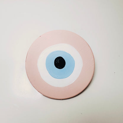 Pink evil eye protection wall art from the Achk collection by Ani Ipradjian, inspired by emotional healing, compassion and spiritual protection for the heart.