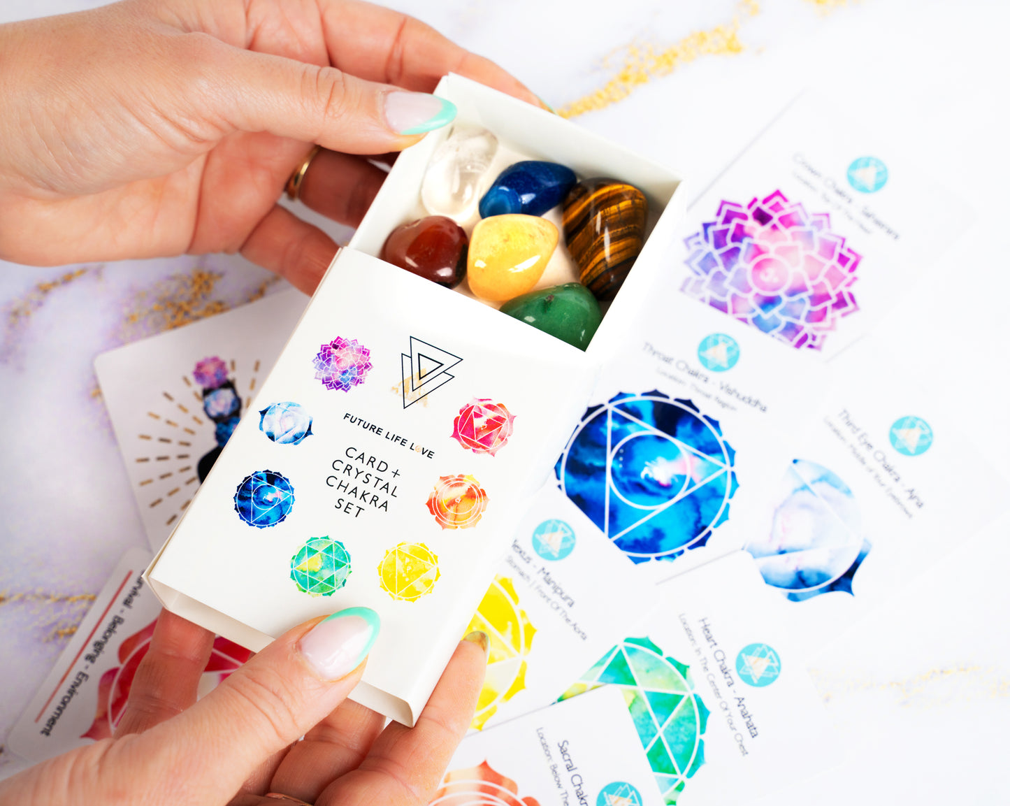 Chakra Card Set With 8 Cards and 7 Crystal Set With White Box