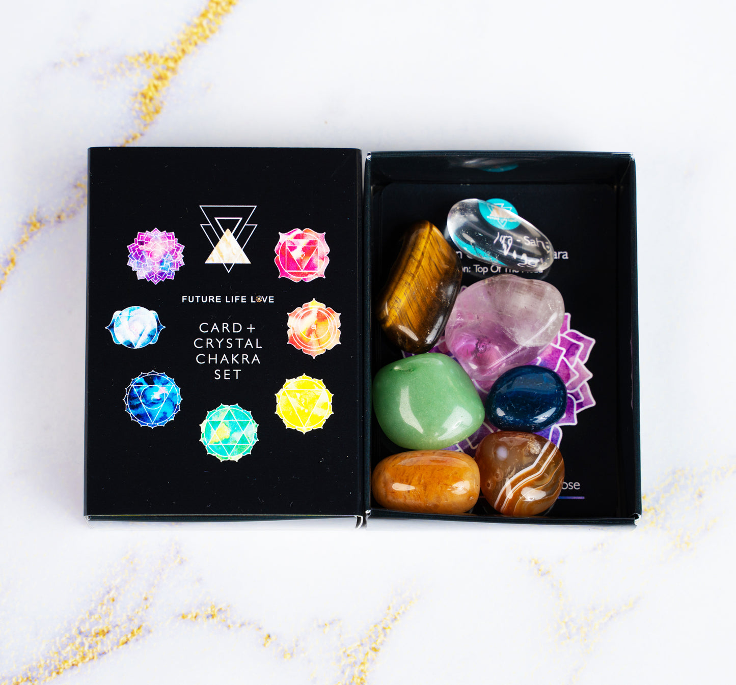 Chakra Card Set With 8 Cards and 7 Crystal Set With Black Box