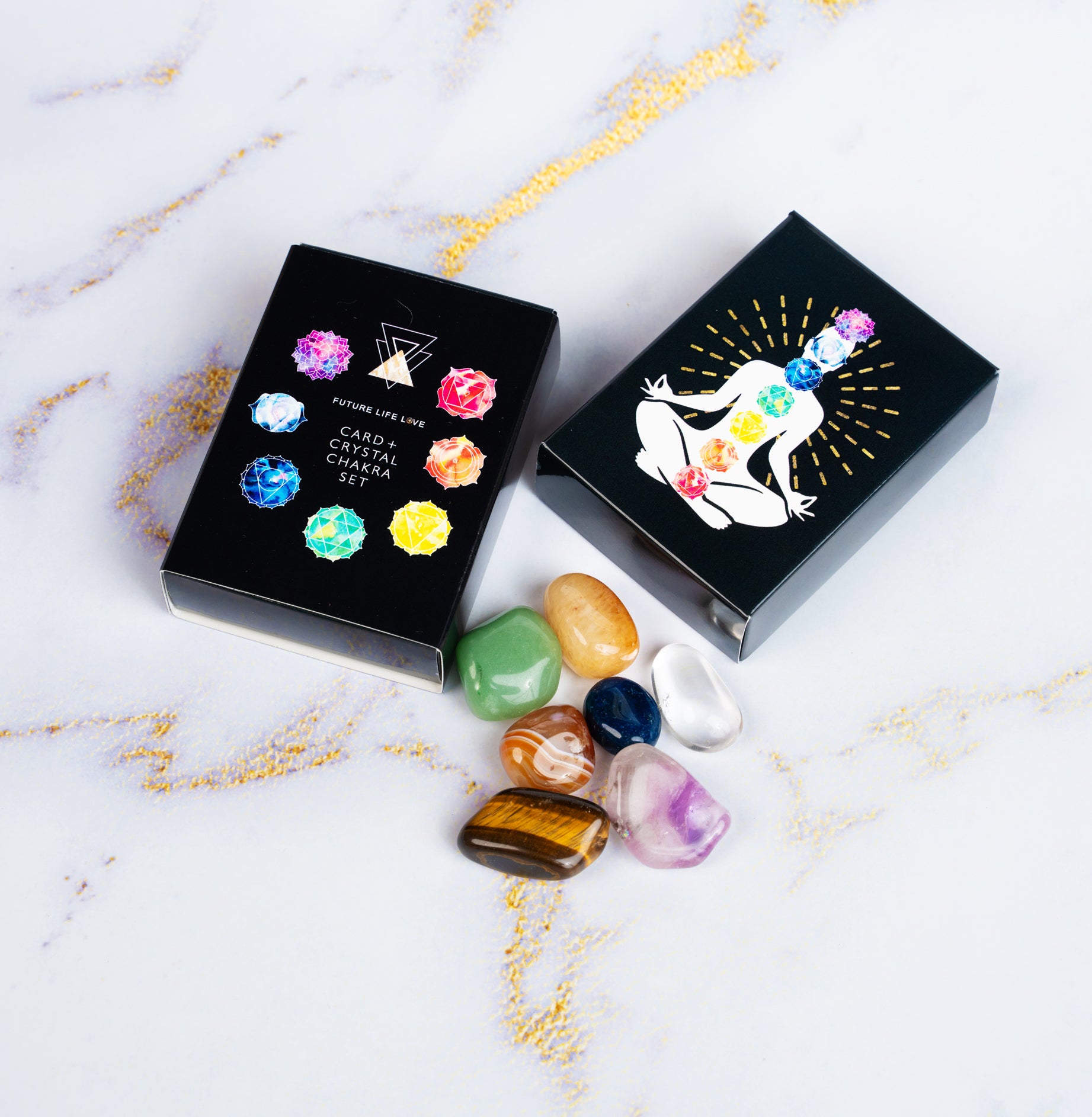 Chakra Card Set With 8 Cards and 7 Crystal Set With Black Box