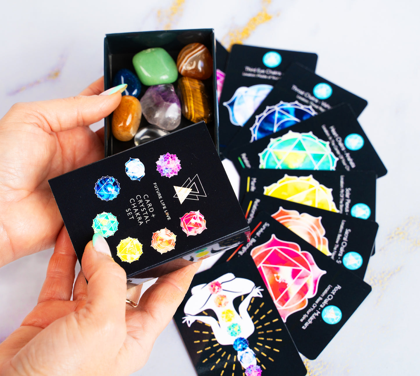 Chakra Card Set With 8 Cards and 7 Crystal Set With Black Box