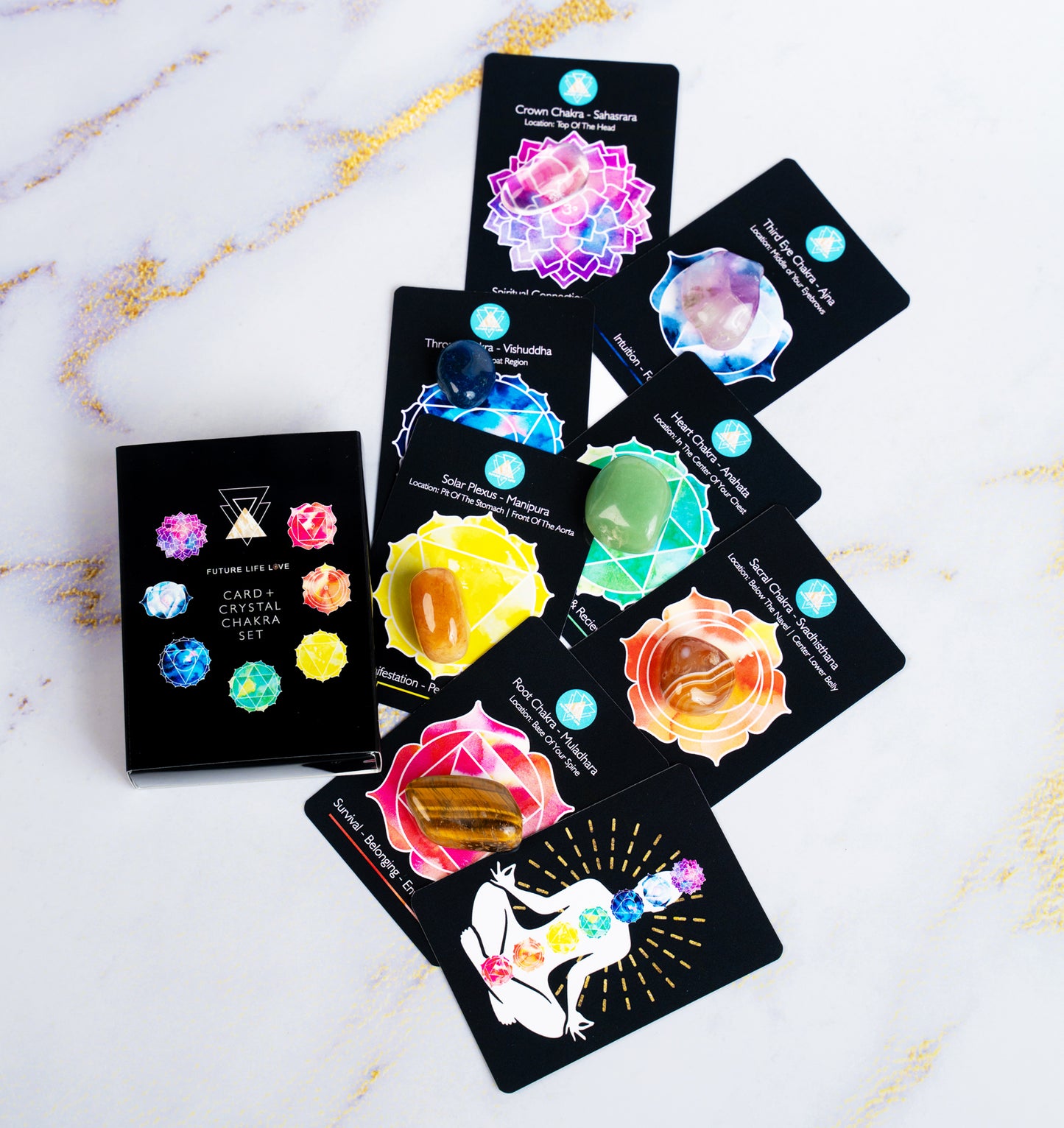 Chakra Card Set With 8 Cards and 7 Crystal Set With Black Box